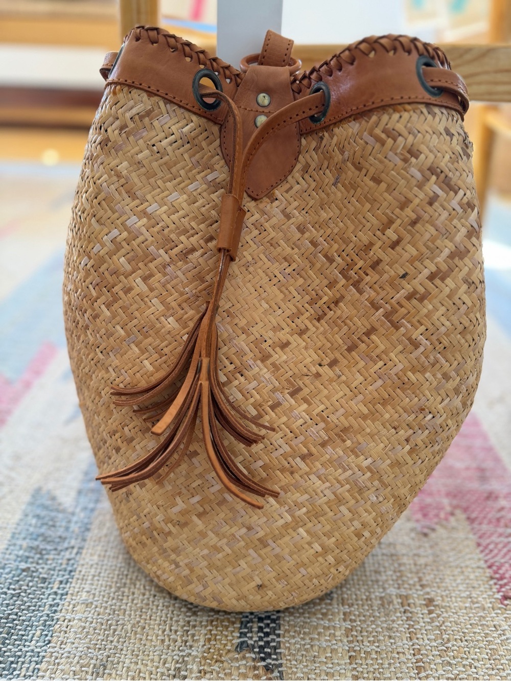 Street Leven Large Woven Straw Bucket Bag with Tan Real Leather Trim